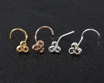 Trinity Nose Stud, Unique Triquetra Celtic Knot Nose Ring, 22g 20g 18g Silver Nose Screw Piercing, 4mm Nose Stud Gold Rose Gold Plated