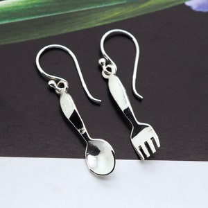 Fork Spoon Earrings, Cutlery Quirky Kawaii Fishhook Wire Drop Earrings, Hook, Silver Dangling, Drop Dangle Dangling Hook Gift for Her