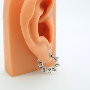 Hoop Earrings, Mandala Lotus Ear Stud, Silver Tribal Eastern Earrings, Punk Style, Bali Boho Bohemian, Art Ear Hoop, 1 Pair