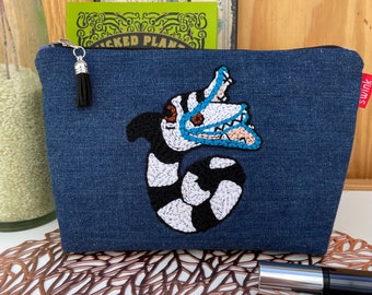 NEW! Beetlejuice Sandworm Embroidered Denim Flat Bottom Pencil Case | Zipper Pouch | Makeup Bag | Ready to Ship!