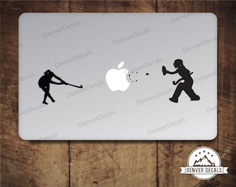 Girl Field Hockey Player Blasting the Apple vs Goalie Macbook Sticker Field Hockey Goalie and player Mac Decal 11 13 15 17