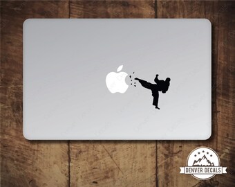 Karate Kicking the Apple Macbook Sticker Mac Decal 13 15, Martial Arts, Jiu Jitsu, Muay Thai, Krav Maga, Taekwondo, Aikido, Judo