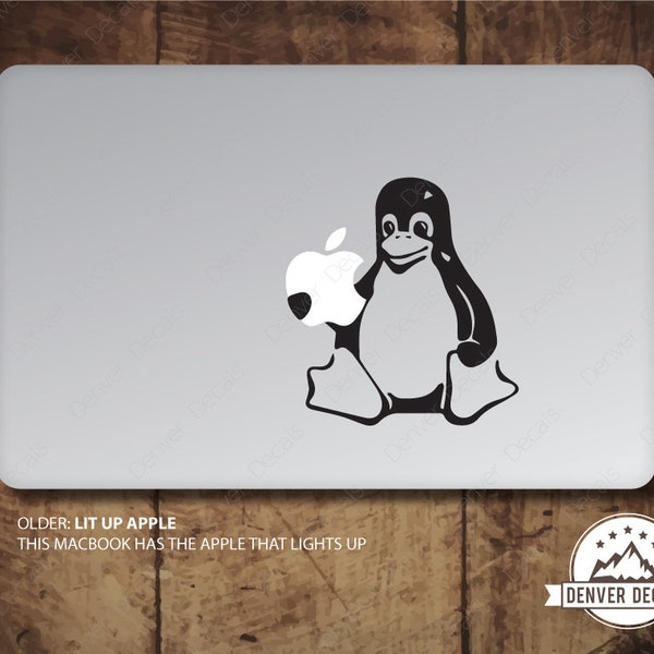 Penguin Bites the Apple Macbook Sticker Linux Tux Decal - Fits both old and New Mac 13 15 - Also fits the MacBook Air