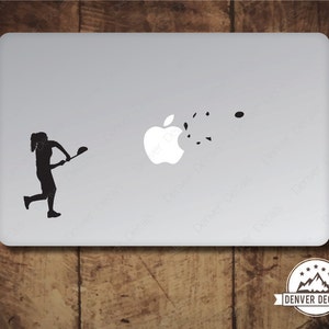 Girl Lacrosse Sticker MacBook Decal Blasting the Apple Sports Mac Vinyl Black Matte for 13 and 15 inch models