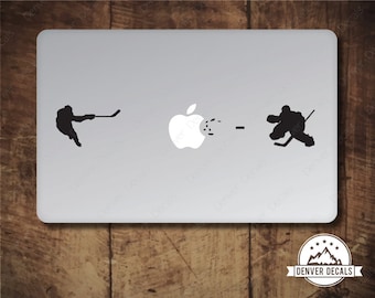 Hockey Player Blasting the Apple vs Goalie Macbook Sticker Ice Hockey Slapshot Goalie Save Mac Decal 13 15