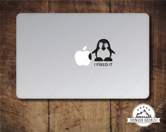 Penguin Fixes the Apple Macbook Sticker Linux Tux Mac Decal 13 15 - Also fits the MacBook Air - Tux I Fixed it