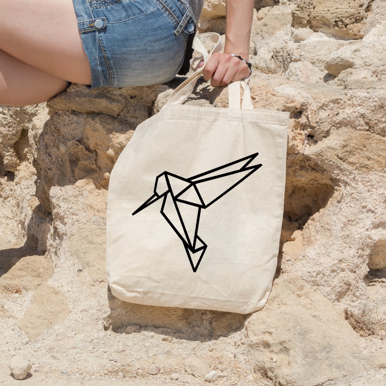 Organic Cotton Beach Tote Tote Bag Grocery Bag Geometric Hummingbird Polygon Animal Market Bag Gift Idea Reusable Bag Shopping Bag