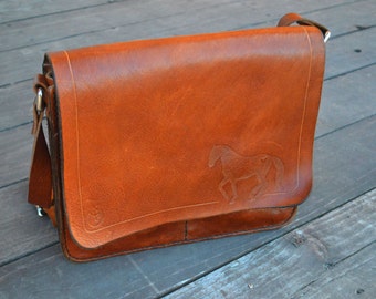 Handmade Leather Satchel, iPad Bag, Day Purse, Men's Bag, Messenger Bag, Custom Design on Front!