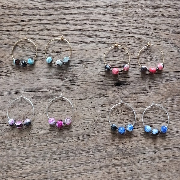 Agate Gem Earrings, Blue Earrings, Orange Earrings, Magenta Earrings, Silver Hoops, Hoop Earrings,  Gift for Her, Gift Under 20, Gold Hoops