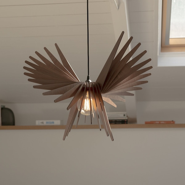 Lámpara colgante de madera con forma de pájaro: lámpara de araña moderna de mediados de siglo hecha a mano