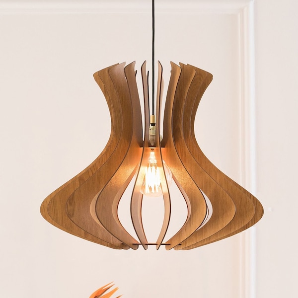 CURVES Modern Scandinavian Style Wood Pendant Lighting Lamp Shade with E27 Base and Handmade Wooden Ceiling Cup