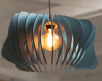 Modern Elegance - Mid-Century Inspired Misty Blue Wooden Pendant Light Fixture - Contemporary Chic for Every Space