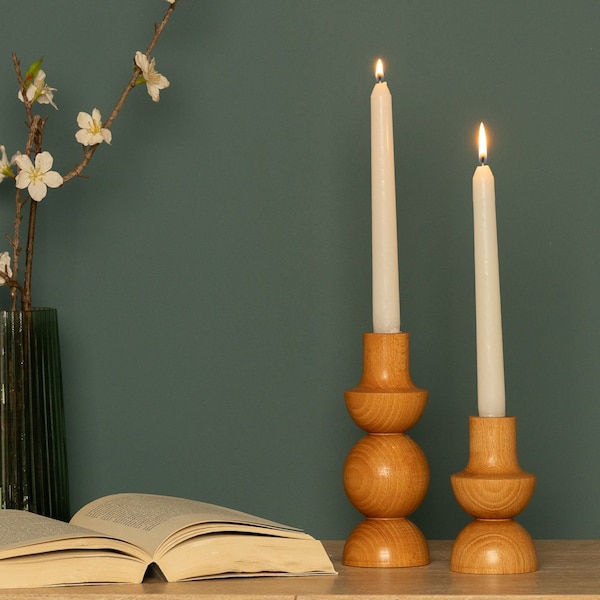 Wood Candle Holder AVACAS | Set of 2 Candlesticks | Wooden Candlestick Holder | Wood Pillar Candle holders | Wood Mid- Century Candlesticks
