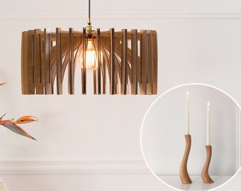 Set Wood Pendant Light and Wood Candle Holder | Set of 3 | Handmade Lamp | Wood Candlesticks | Chandelier Lighting| Wood Scandi Candlesticks