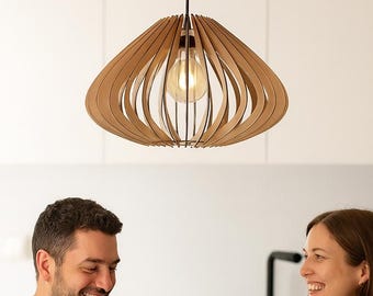 Scandinavian Wood Pendant Light: Modern Geometric Lampshade, Natural Oak