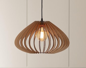 Scandinavian Wood Pendant Light: Modern Geometric Lampshade, Natural Oak