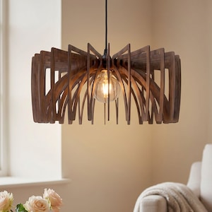 Luminária pendente de madeira feita à mão para sala de jantar, estilo meados do século XX, luminária de teto moderna.