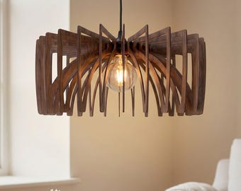 Handgefertigte Holz Pendelleuchte für Esszimmer, Mid Century Holzdeckenleuchte, moderne Hängeleuchte