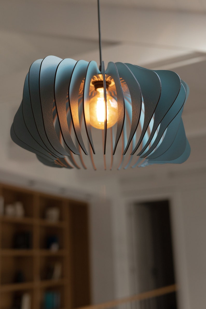 Modern Elegance Mid-Century Inspired Misty Blue Wooden Pendant Light Fixture Contemporary Chic for Every Space image 1