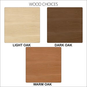 May include: Three wood samples showing different shades of oak: light oak, dark oak, and warm oak.
