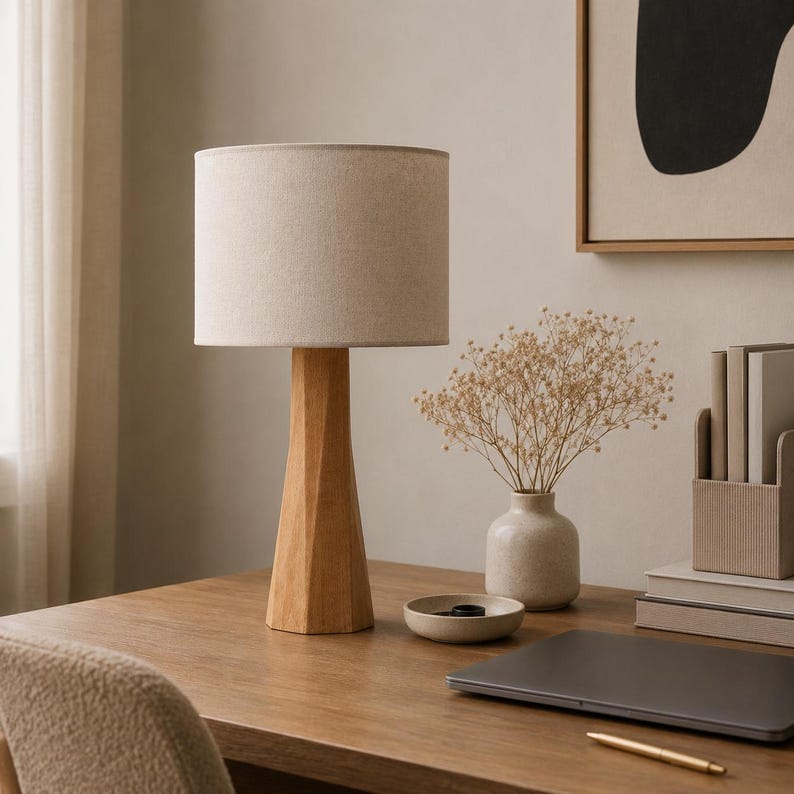 Desk Table Lamp, Wood Bedside Light, Bedroom Lamp, Tablelamp, Modern Design, Handcrafted Wooden Base, Rustic Style image 7