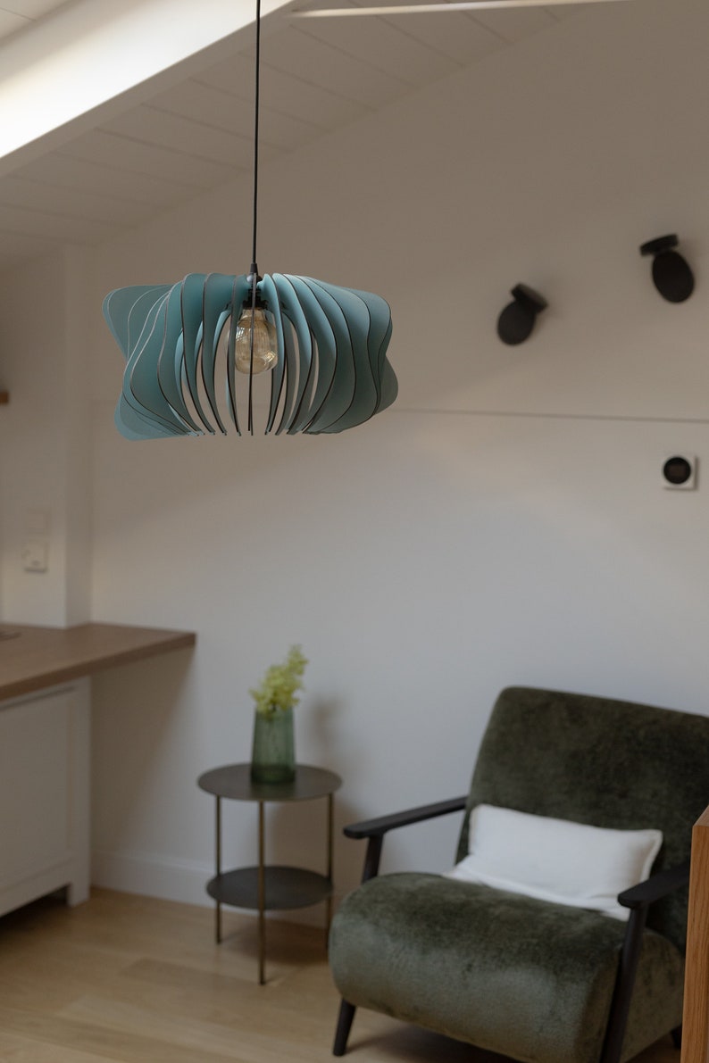 Modern Elegance Mid-Century Inspired Misty Blue Wooden Pendant Light Fixture Contemporary Chic for Every Space image 2