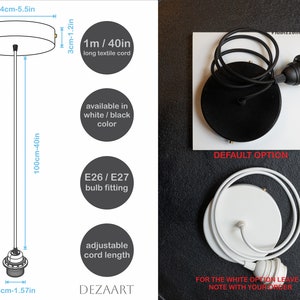 May include: A white pendant light fitting with a black cord and a round ceiling canopy. The fixture has a 100cm adjustable cord length and a 14cm diameter canopy. The light fitting is available in white or black and uses an E26/E27 bulb fitting.