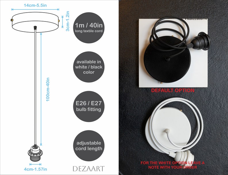 May include: A white pendant light fitting with a black cord and a round ceiling canopy. The fixture has a 100cm adjustable cord length and a 14cm diameter canopy. The light fitting is available in white or black and uses an E26/E27 bulb fitting.