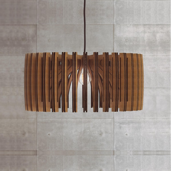 Trähängelampa | Mid-Century Modern | Handgjord lampa | Taklampa | Ljuskronabelysning | Industriell lampa | Lampskärm i trä | Lampskärm