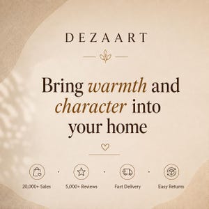 May include: A beige graphic with the text DEZAART and the phrase Bring warmth and character into your home. Below are four circular icons representing 20,000+ Sales, 5,000+ Reviews, Fast Delivery, and Easy Returns, separated by small dots.