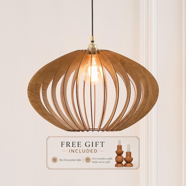 Trähängelampa, Handgjord trälampa, Taklampa, Ljuskronabelysning, Köksö, Modern design, Naturligt trä