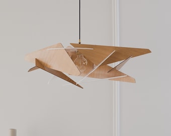 Modern Wood Pendant Light, Scandinavian Geometric Ceiling Fixture, Natural Lampshade