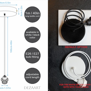 May include: A white ceiling light fixture with a black cord and a round, white canopy. The light fixture has a 40-inch adjustable cord length and a 14-inch diameter canopy. The light fixture is available in black or white and uses an E26/E27 bulb fitting.