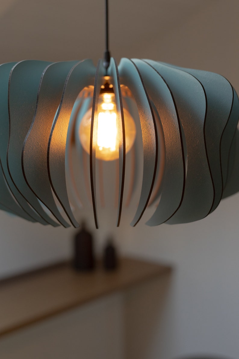 Modern Elegance Mid-Century Inspired Misty Blue Wooden Pendant Light Fixture Contemporary Chic for Every Space image 5