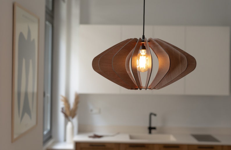 Mid-Century Marvel: Geometric Wooden Pendant Light Fixture Timeless Elegance with Modern Flair image 1