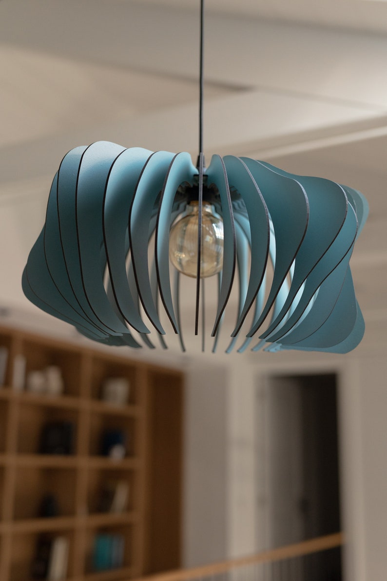 Modern Elegance Mid-Century Inspired Misty Blue Wooden Pendant Light Fixture Contemporary Chic for Every Space image 6