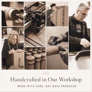 May include: A sepia-toned collage showing workshop activities including wood sanding, laser cutting, packaging, and assembly. The text reads: Handcrafted in Our Workshop. MADE WITH CARE, NOT MASS PRODUCED. The images depict various stages of production.
