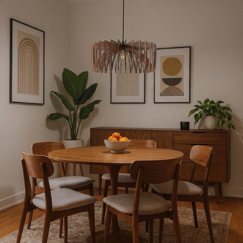 May include: A circular wooden pendant light fitting with vertical slats suspended from the ceiling above a round wooden dining table. The table is surrounded by four wooden chairs with light grey upholstered seats and a wooden sideboard.