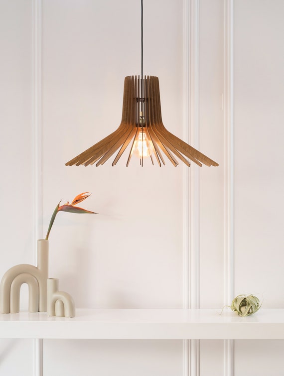 Handmade Oak Wood Chandelier: Mid-Century Modern Pendant Lamp