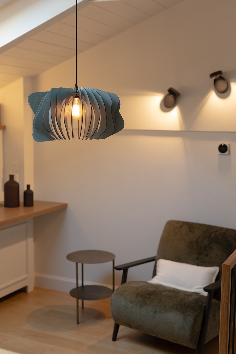 Modern Elegance Mid-Century Inspired Misty Blue Wooden Pendant Light Fixture Contemporary Chic for Every Space image 3