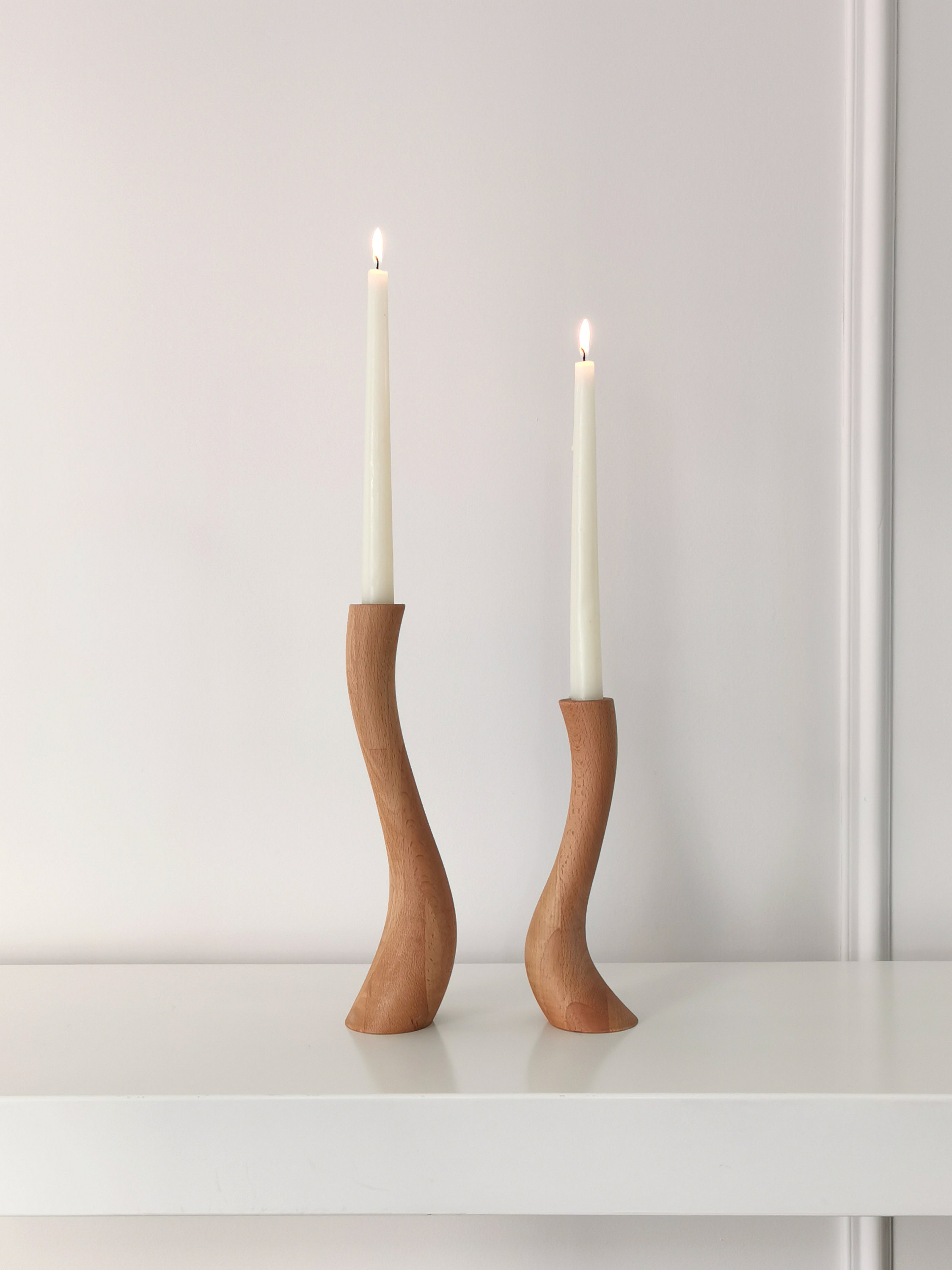 ProdBuy_Ltd Set of 2 Wooden Pillar Candle Holders Brown Design Two 