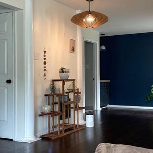 Puede incluir: Un soporte de madera para plantas de varios niveles con acabado marr&oacute;n oscuro, que cuenta con varios estantes a diferentes alturas. El soporte sostiene una maceta de cer&aacute;mica blanca con una peque&ntilde;a planta verde y un terrario geom&eacute;trico.