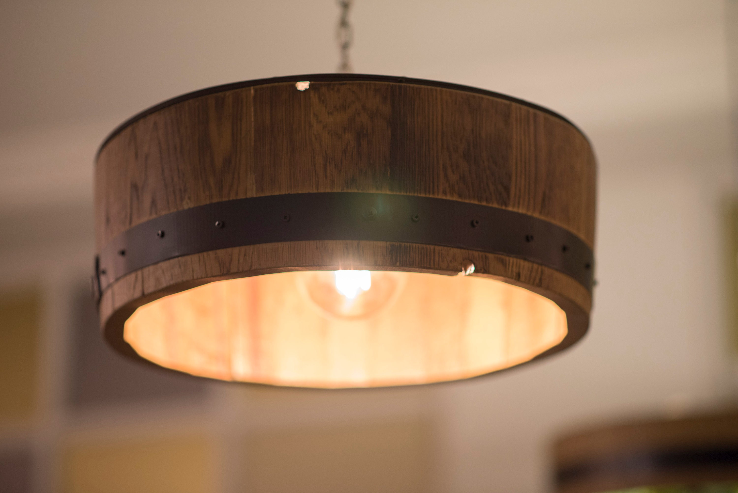 Ceiling lamp in a wine barrel with one bulb, pendant light, wooden lamp