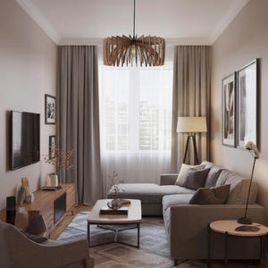 May include: A wooden pendant light fixture with a slatted, circular design hangs above a living room featuring a grey sectional sofa, a rectangular coffee table, a wooden media console, a floor lamp, and floor-to-ceiling curtains over a window.