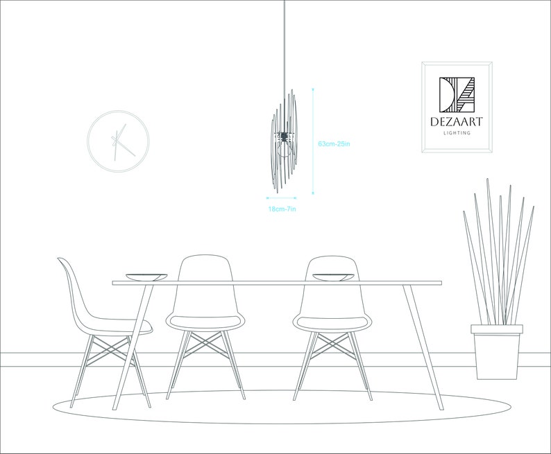 May include: A black metal pendant light fixture with a circular design hangs from the ceiling above a dining table with four chairs. The light fixture is 18cm wide and 63cm tall. The text "DEZAART LIGHTING" is visible in the top right corner of the image.