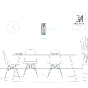 May include: A line drawing of a cylindrical pendant light fixture with vertical slats. The fixture measures 14 inches in height and 7 inches in diameter. The image includes a dining table, chairs, a clock, a plant, and the text DEZAART LIGHTING.