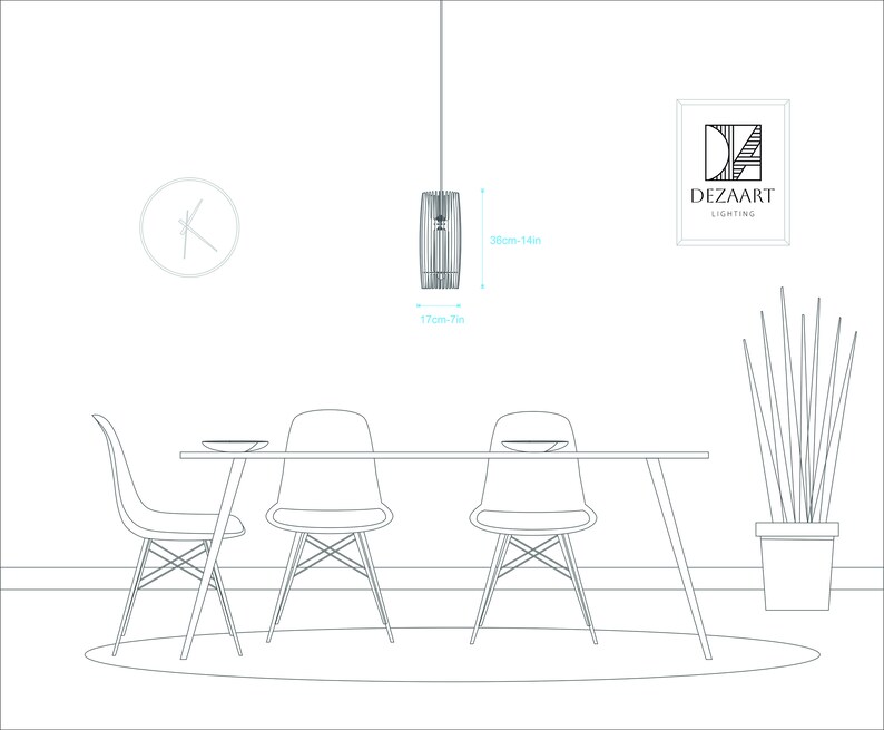 May include: A line drawing of a cylindrical pendant light fixture with vertical slats. The fixture measures 14 inches in height and 7 inches in diameter. The image includes a dining table, chairs, a clock, a plant, and the text DEZAART LIGHTING.