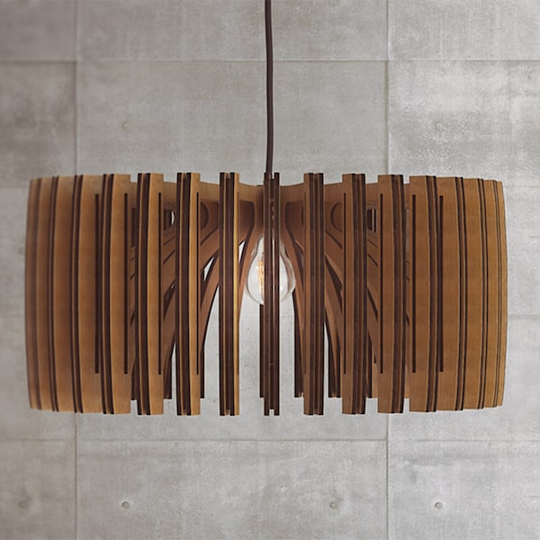 Houten hanglamp | Modern uit het midden van de eeuw | Handgemaakte lamp | Plafondlamp | Kroonluchterverlichting | Industriële lamp | Houten lampenkap | Lampenkap