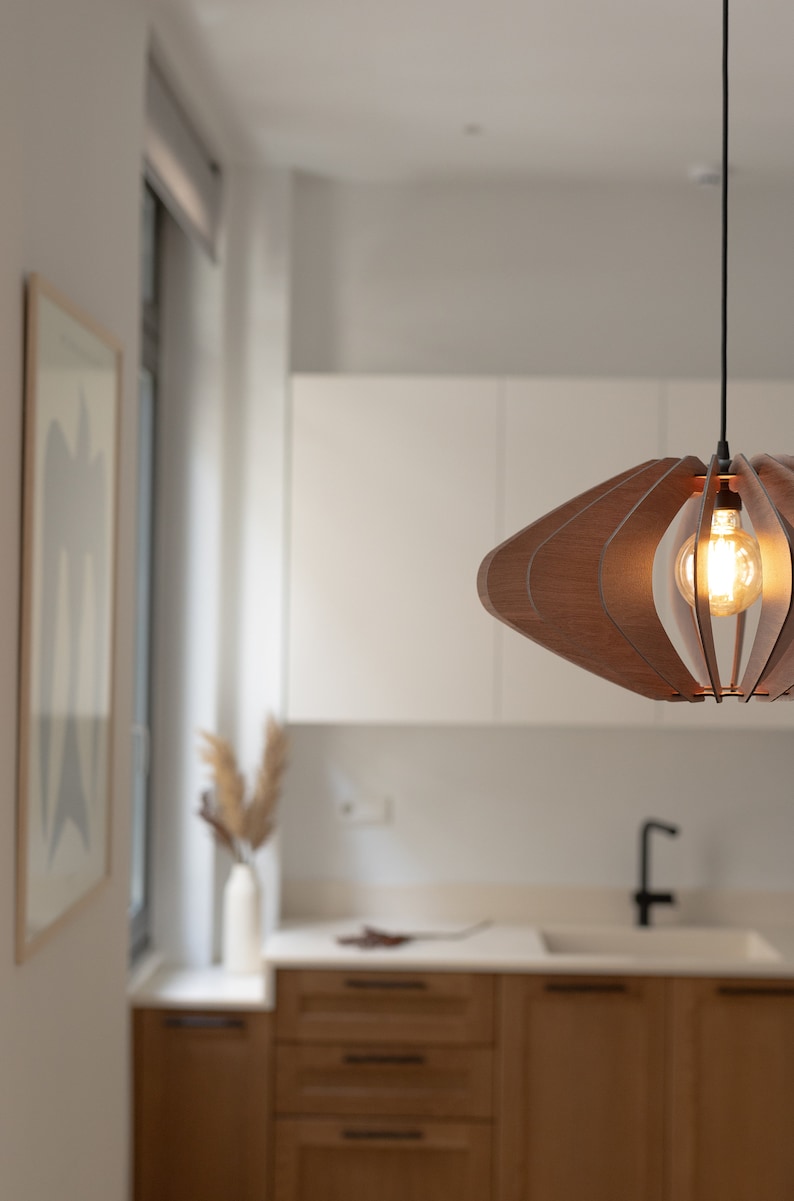 Mid-Century Marvel: Geometric Wooden Pendant Light Fixture Timeless Elegance with Modern Flair image 5