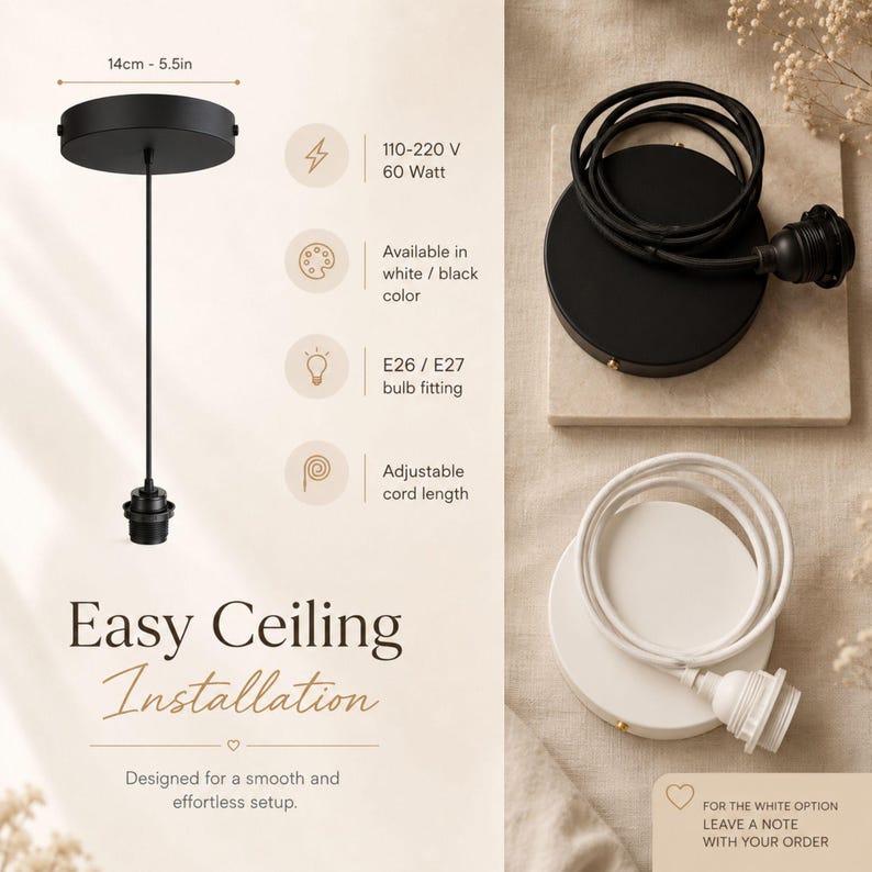 May include: A pendant light fixture with a circular ceiling canopy measuring 5.5 inches in diameter. The fixture includes an adjustable cord and an E26 bulb socket. It is available in black or white finishes, supporting 110-220 V and 60 Watt bulbs.